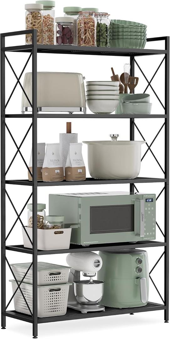 SONGMICS 5-Tier Metal Storage Rack, Shelving Unit with X Side Frames, Dense Mesh, 12.6 x 31.5 x 57.3 Inches, for Entryway, Kitchen, Living Room, Bathroom, Industrial Style, Ink Black UBSC185B01