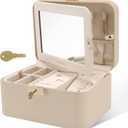 Upgraded Jewelry Box, 2 Layers PU Leather Jewelry Organizer for Women with Lock and Mirror, Hidden Necklace Hook and Removable Divider Large Capacity Travel Jewelry Box Ideal for Gift-With Gift Box (Beige)
