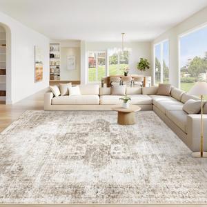 Area Rug 9x12 Washable Rug, Vintage Boho Medallion Rugs Non-Slip Soft Low Pile Large Distressed Rug Indoor Retro Carpet for Living Room Bedroom Dining Room Home Office (Taupe, 9'x12')