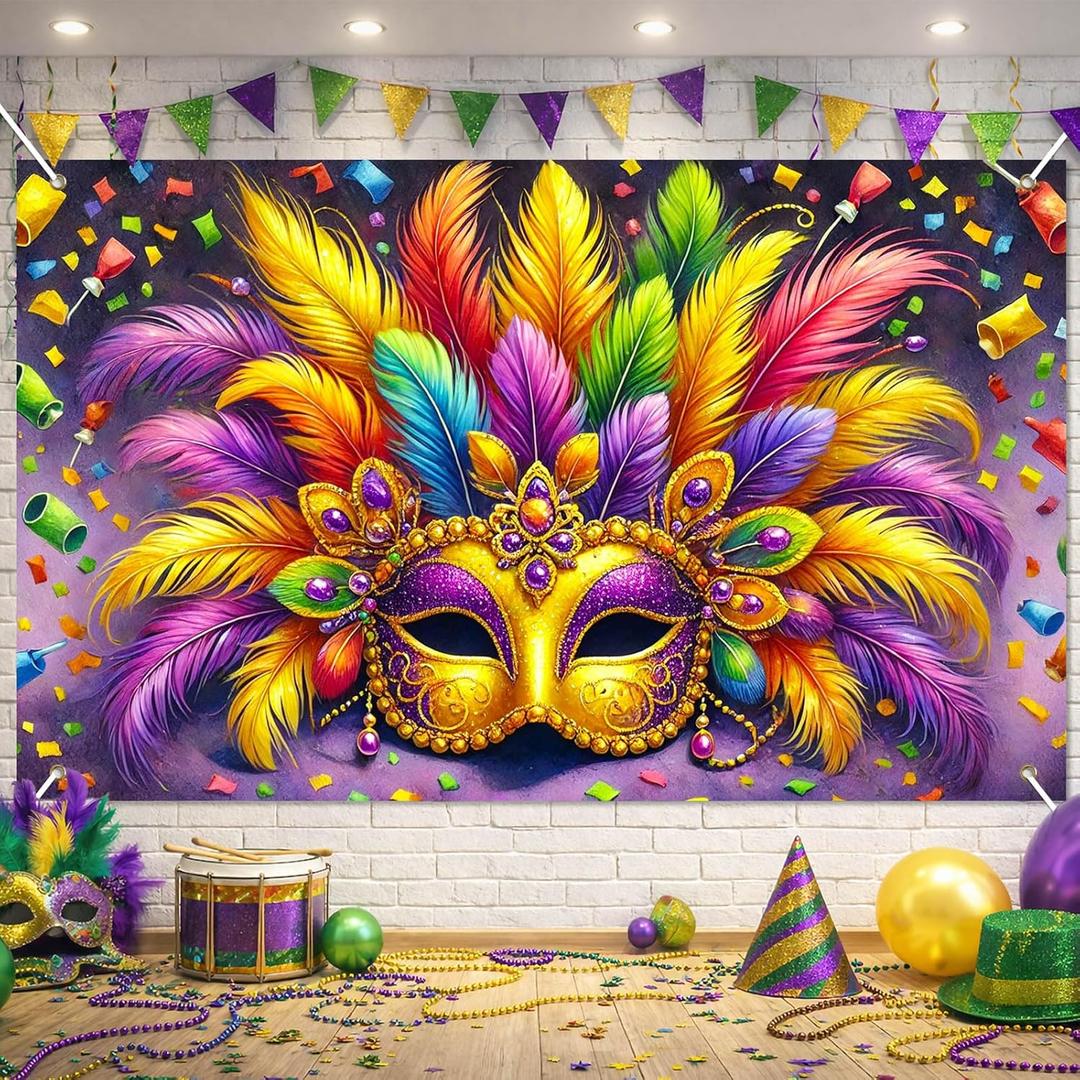 Mardi Gras Carnival Feather Mask Backdrop 70.9 x 43.3 Inch Colorful Confetti Party Banner for Masquerade Ball Brazilian Festival Parade Wall Decoration Photo Booth Background