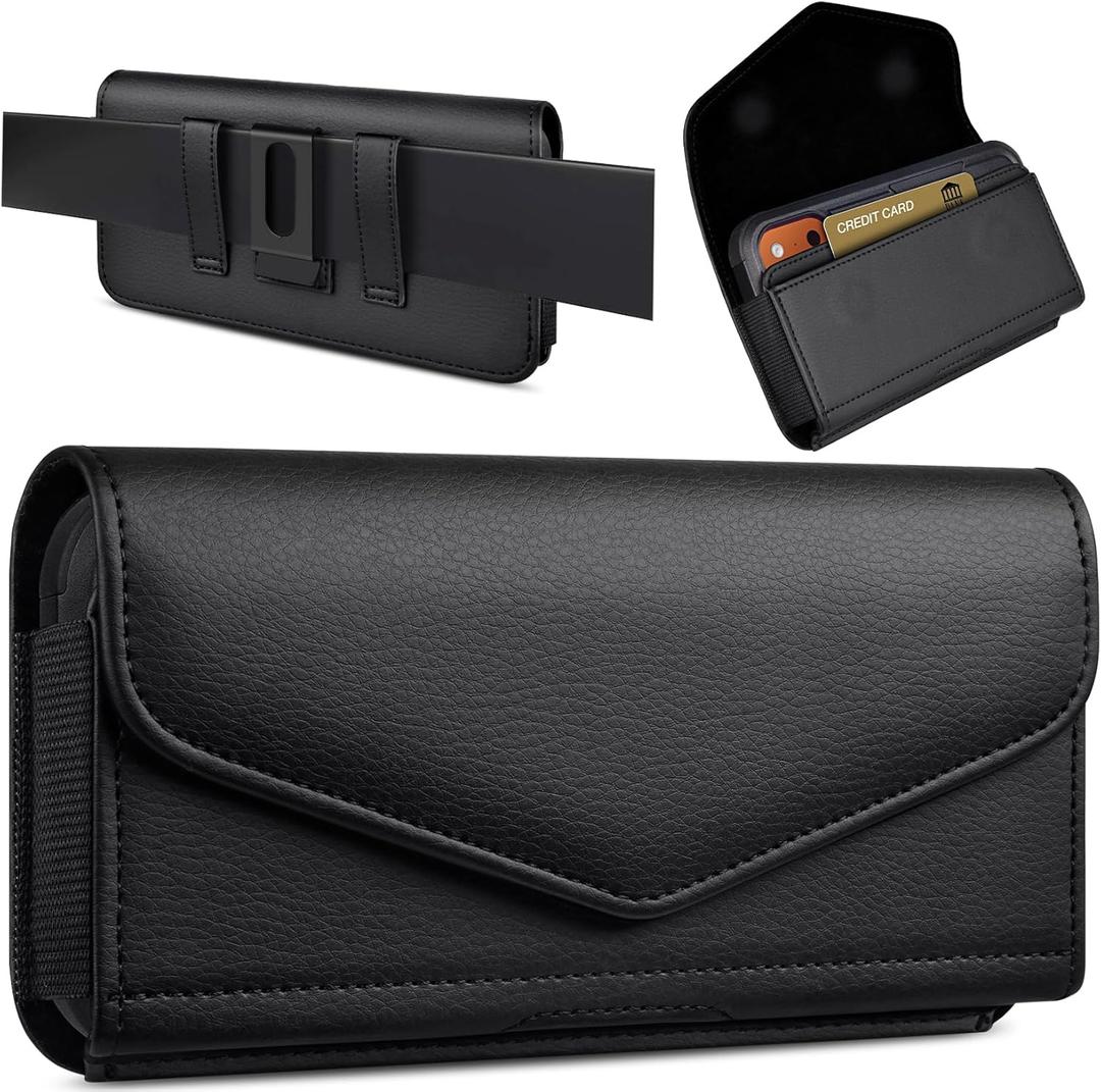 Leather Cell Phone Holster with Card Holder and Belt Clip Protective Case for iPhone Pro Max, Plus 17 16 15 14 13 12 16e, Samsung Galaxy FE, Plus S25 S24 S23 S22, L-Black