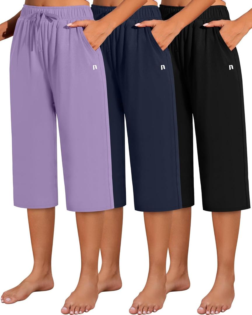 Neer 3 Pack Women's Capri Pants, Cotton Wide Leg Basic Sweatpants Lounge Loose Fit Casual Drawstring Yoga Capris with Pockets (Large, Black, Gray Blue, Light Purple)