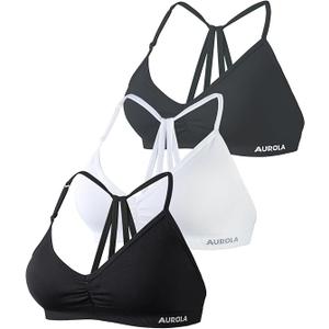AUROLA Mercury Workout Sports Bras Women Athletic Removable Padded Backless Strapy Minimal Crop Top ,Size S 3pc (Brown, White, Black)