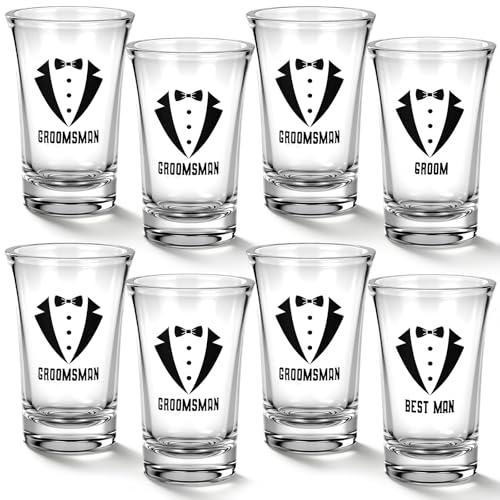 Ferrochef 8 Pcs Groomsmen Proposal Gift Acrylic Party Shot Glasses 1.2 oz Clear Black Tuxedo Design Groomsmen Shot Glass Proposal Gifts for Wedding Groom Team Party Favor Ideas Bestman