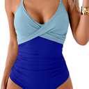 B2prity Women's One Piece Swimsuits Tummy Control Front Cross Bathing Suits Tie Back Slimming V Neck Swimwear (Medium, Blue Color Block)