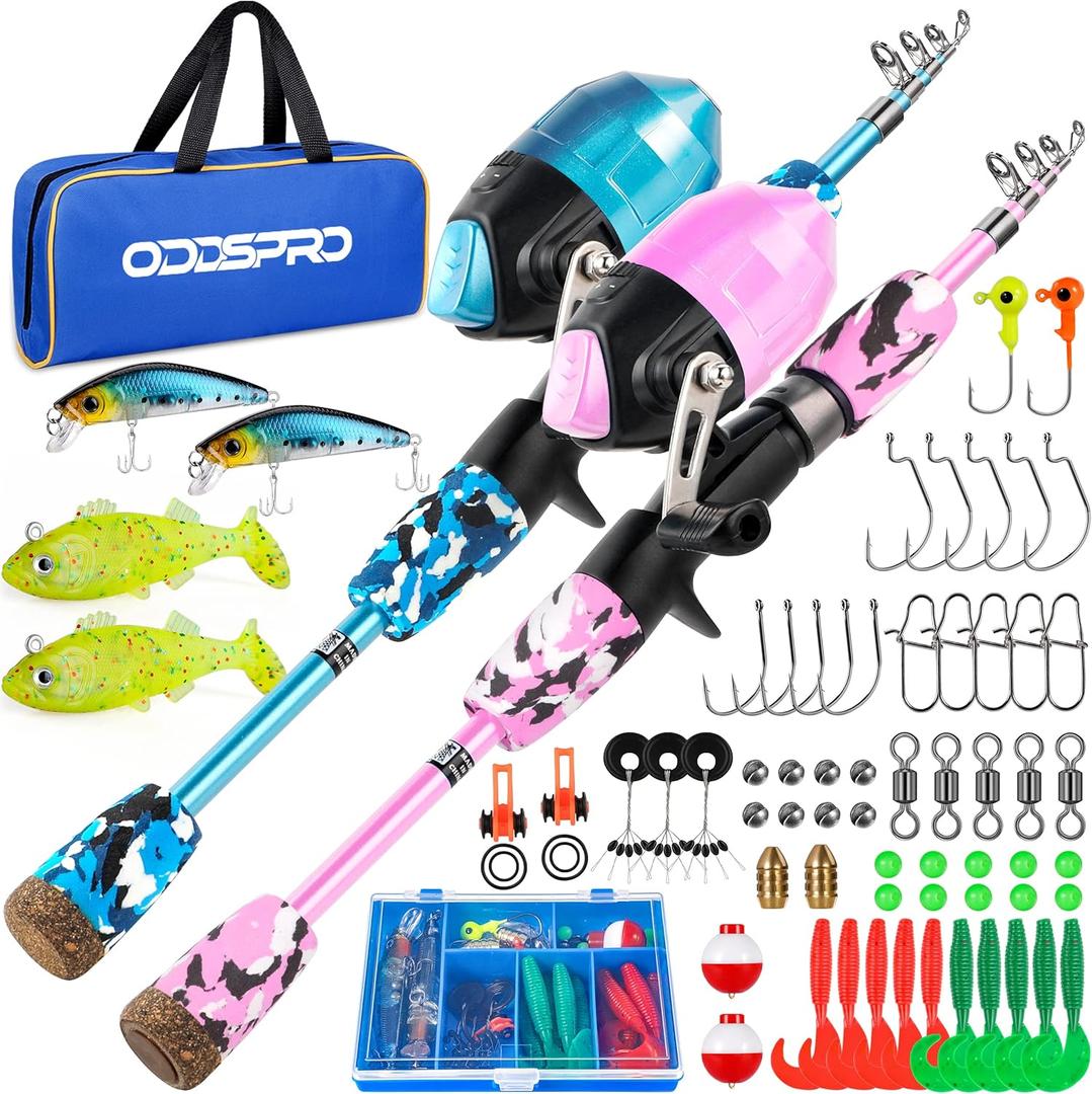 ODDSPRO Kids Fishing Pole Pink, Portable Telescopic Fishing Rod and Reel Combo Kit - with Spincast Fishing Reel Tackle Box for Girls, Youth (1.5M 4.92Ft, 2 pack (Blue+Light Pink))