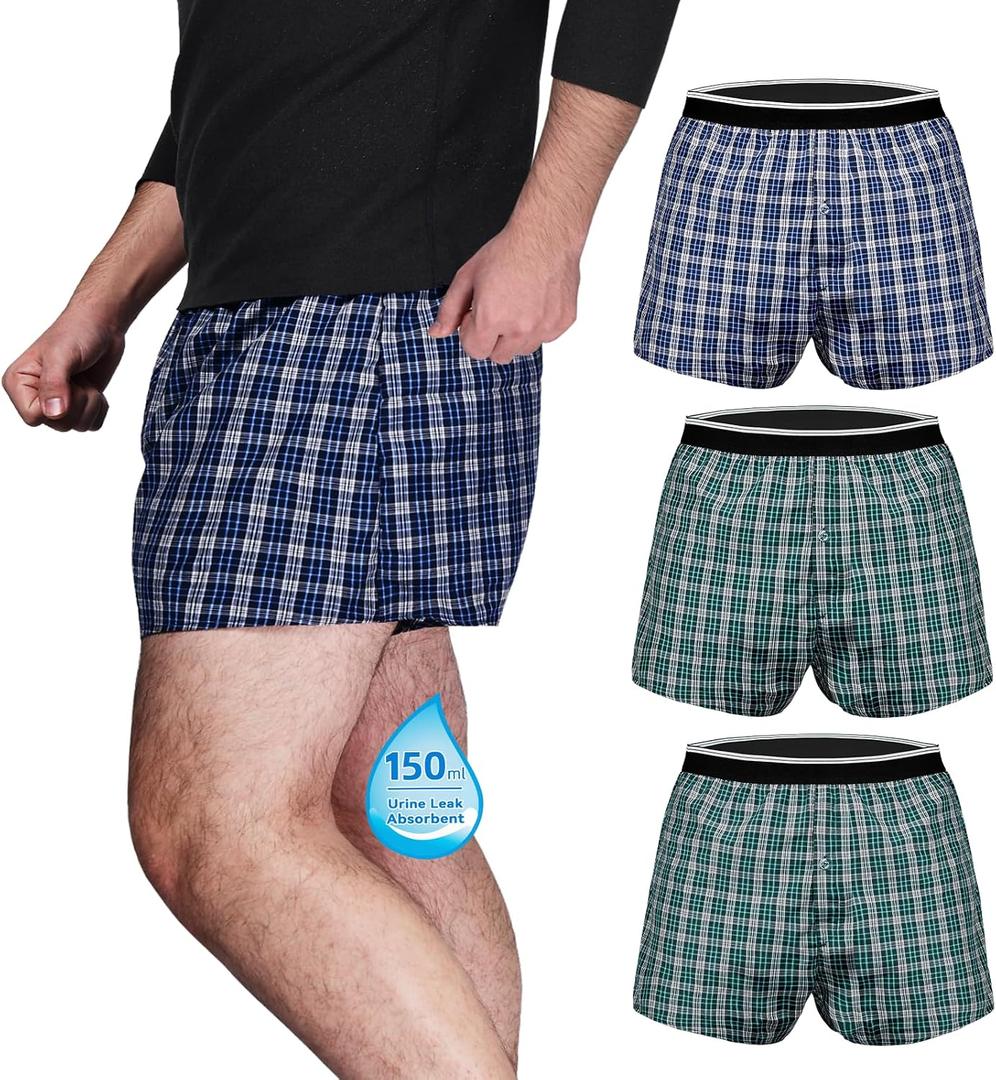 TIICHOO Mens Incontinence Underwear Washable Bowel Leak Proof Fecal Incontinence Boxers 3 Pack (Medium, 2 Green/ Blue)