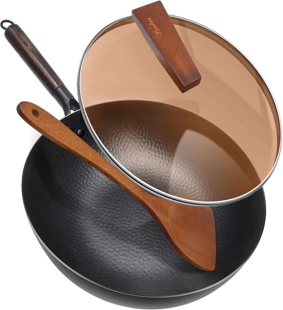 Carbon Steel Wok Pan with Lid & Wood Spatula, 12.5" Cast Iron Stir Fry Pan with Flat Bottom and Wooden Handle for Electric, Induction and Gas Stoves (Brown)