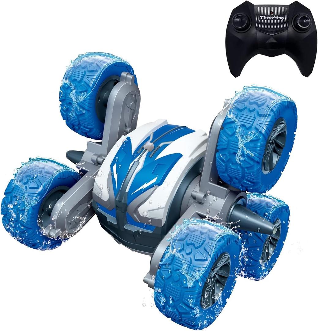 Threeking Amphipious RC Stunt Car Remote Control Cars 360 Degree Flips Rotating Indoor Outdoor Toys Gifts Presents for 6 7 8 9 10 11 12 Year Old Kids Boys Girls (Waterproof,blue)