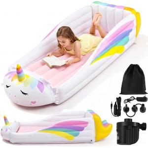 Unicorn Toddler Kids Inflatable Bed, Travel Bed with Safety Bumper and Air Mattress Portable Air Mattress with Pump for Vacation Hotel Home Sleepover Kids Birthday Gift