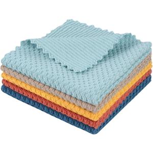 SINLAND Microfiber Dish Cloth for Washing Dishes Rags Best Kitchen Washcloth Cleaning Cloths with Poly Scour Side Popcorn Texture 5 Color Assorted 12Inchx12Inch 5 Pack