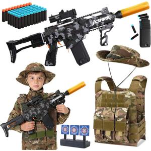 Kids Soft Bullet Gun Set with Tactical Vest, Camouflage Hat, 150 Foam Darts & Target - Outdoor Soldier Role Play Toy for Boys Age 8+