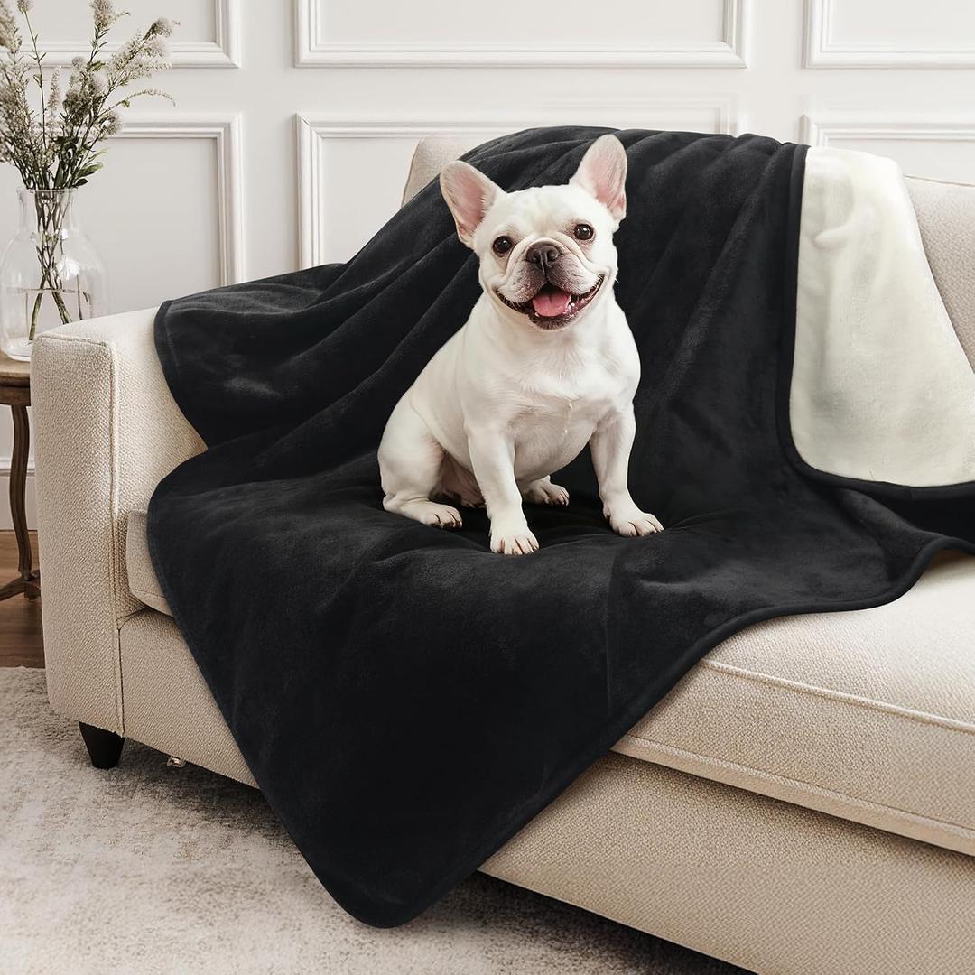 LOOBANI Waterproof Dog Blanket: Spill-Proof Puppy Blankets for Small Medium Dogs Washable, Reversible Soft Flannel Pet Throw for Dog Bed, Crate, Couch Sofa Cover, Travel, 30" x 40", Black & Beige