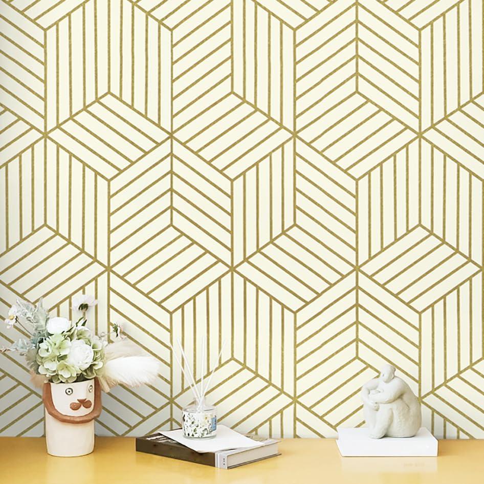 CiCiwind Gold Geometric Wallpaper Peel and Stick Wallpaper Beige and Gold Removable Wall Paper Striped Hexagon Contact Paper Self Adhesive Waterproof Vinyl for Bedroom Bathroom Wall 15.7"x393"