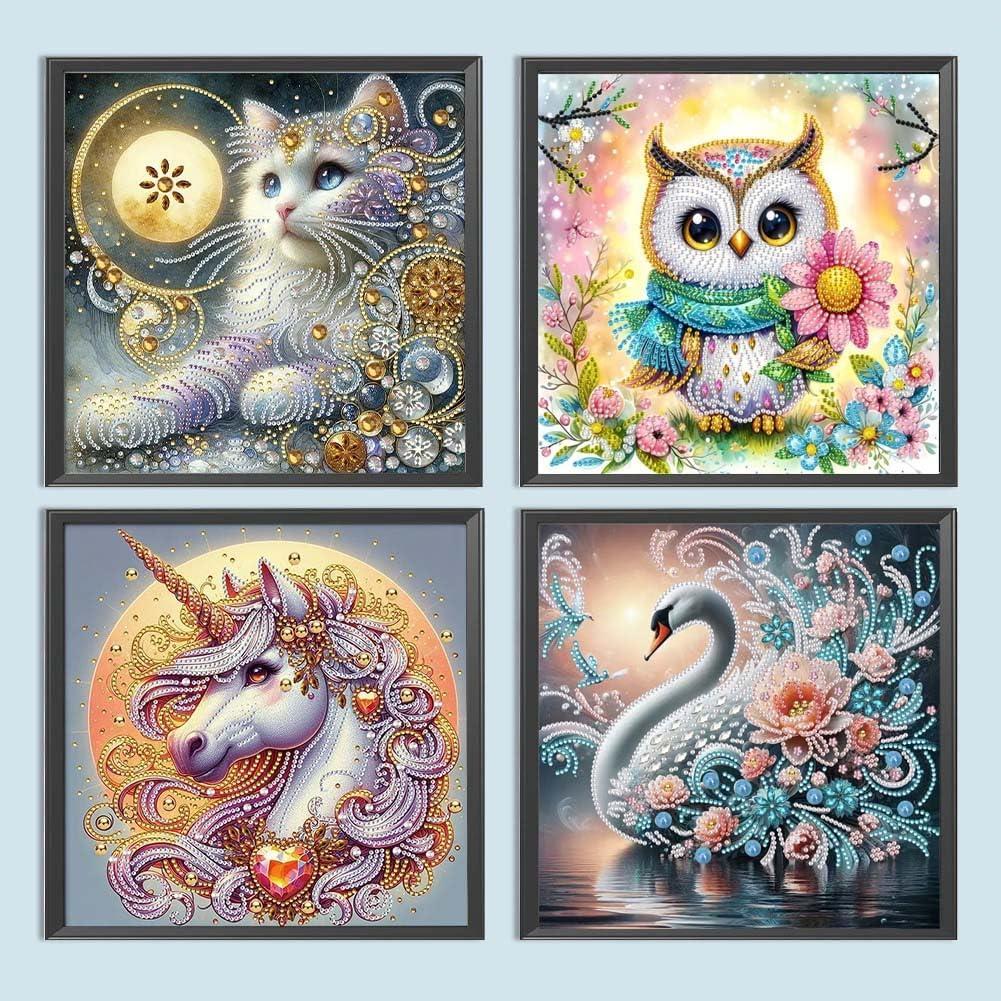 4Pack Diamond Painting Kits For Adults, Unicorn Special Shape Diamond Art Kits For Adults Beginners, DIY Diamond Crystal Rhinestones Gem Art Animal Owl and Cat Swan For Home Wall Decor 12 X 12Inch