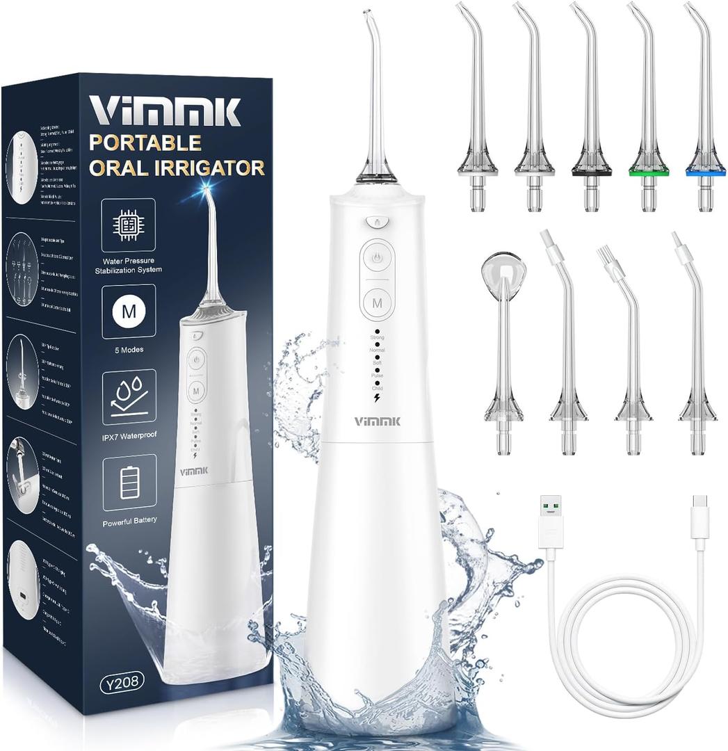 VIMMK Water Flosser, Portable Water Pick with 5 Modes & 8 Jet Tips, 300ML Rechargeable Water Flossers for Teeth, IPX7 Waterproof Power Dental Flosser, Cordless Oral Irrigator for Home Travel - Black, Medium