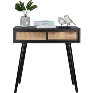 Console Table Small Entryway Table, Rattan Vanity Desk, 31" Console Tables for Entryway, Black Entry Table Narrow Modern Hallway Table Boho Sofa Table for Living Room