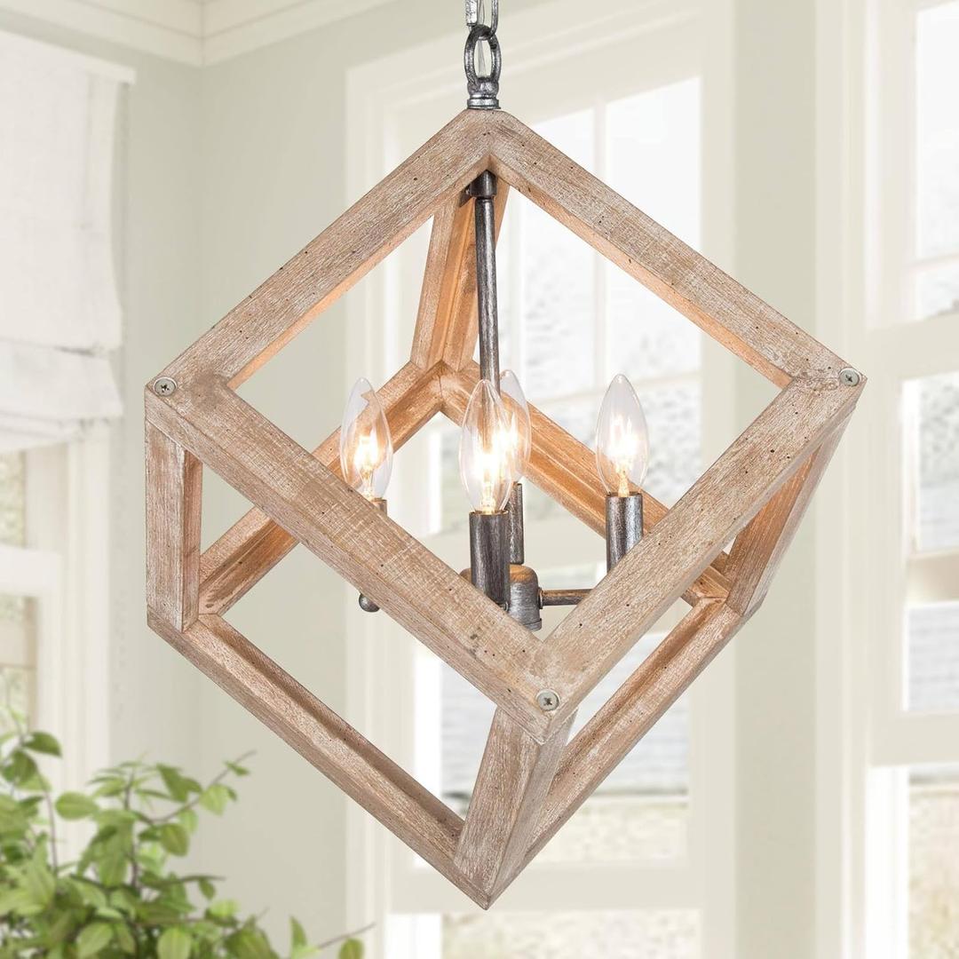 KSANA Chandeliers for Dining Room, Distressed Weathered Wood Chandelier Farmhouse 4-Light Geometric Hanging Light Fixtures for Kitchen Hallway Bedroom