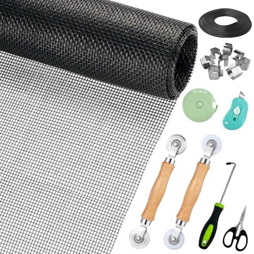 Window Screen Replacement,Screen Door Repair Kit, 48"x178" Black Window Screen Mesh,Including 50 FT Splines+Hooks+2 Rollers+8 Clips+Scissors+Knife+Tape Measure,Fully Equipped Window Screen Repair Kit