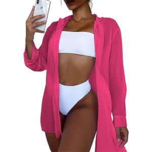 SHENHE Women's Sheer Button Up Long Sleeve Beach Kimono Cover Up Shirt Sun Dresses (Large, Hot Pink)