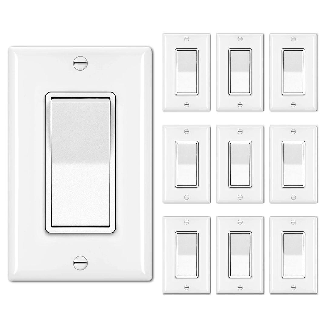 BESTTEN 10 Pack Single Pole Decorator Light Switch with Wallplate, 15A 120/277V, Rocker Paddle Wall Switch, On/Off Interrupter for LED and Other Lamps, UL Listed, White