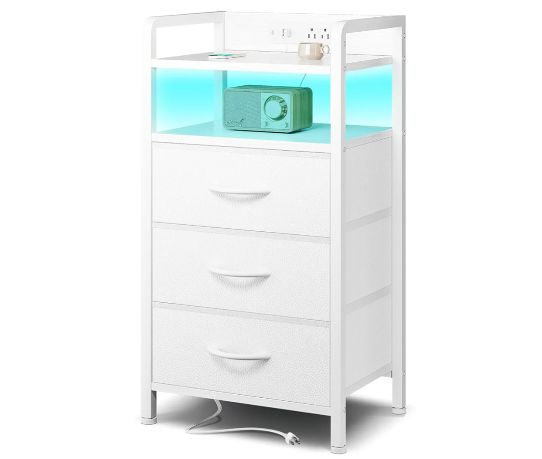 Night Stand Bedside Charger Bedroom - Nightstand with Charging Station, Bed Side Table with LED Light Strip, End Table with U-S-B Ports & AC Outlets, Storage Shelf & 3 Fabric Drawers, White