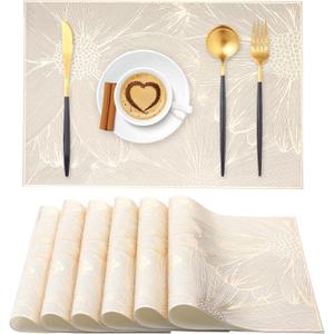 Gold Rectangle Placemats Set of 6 Vinyl Place Mats for Dining Tables Kitchen Indoor Easy to Clean Heat Resistant Wipeable Washable Modern Dining Table Mats Wedding Holiday Party Festival Decor