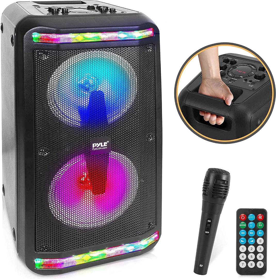 Pyle Bluetooth Speaker & Microphone System - Portable Stereo Karaoke Speaker with Wired Mic, Built-in LED Party Lights, MP3/USB, FM Radio (6.5 Subwoofers, 500 Watt MAX) (PPHP266B.5) (Multi-Color)