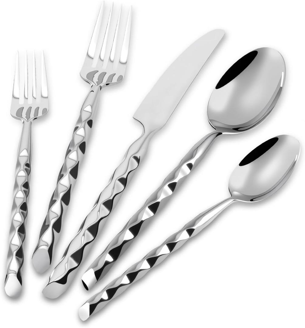 DEACORY Silverware Set 18/10 Stainless Steel Spiral-shaped Flatware Set, 20-Piece Hand Forged Mirror Silver Finish Cutlery, Dishwasher Safe, Service for 4