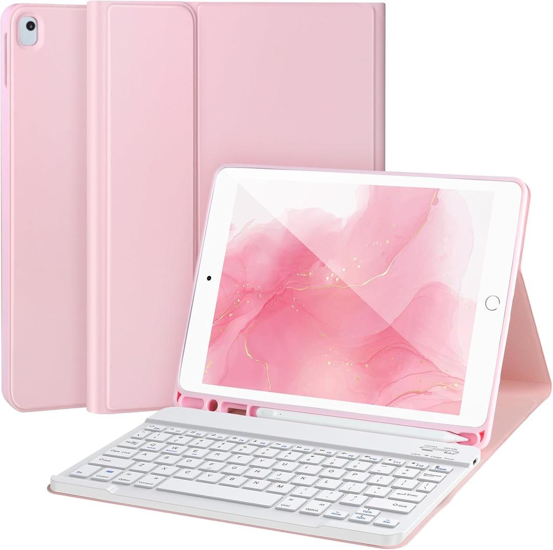 AHYWTAN Keyboard Case for iPad 9/8/7th Gen 10.2,Case with Bluetooth Keyboard for iPad 9th Gen with Pencil Holder,Pink-W