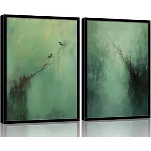 Abstract Dark Green Canvas Wall Art Modern Texture Painting with Wood Frame Wabi Sabi Zen Poster Minimalist Birds Picture Print Living Room Bedroom Office Ready To Hang 16x24 Inch