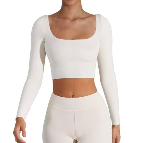 CUHUDA Women's Basic Long Sleeve Square Neck Crop Top Slim Fit T-Shirt White Small