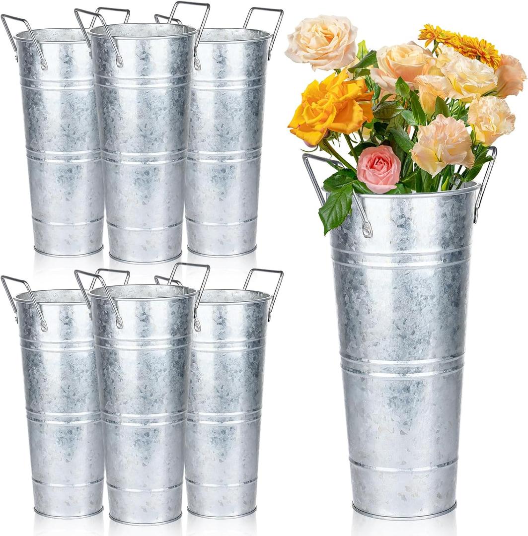 6 Pcs Galvanized Bucket Flower Bar, 10 Inch Flower Bucket and Metal Vase with Handles, Flower Bar Supplies and Buckets Farmhouse Vases for Wedding and Cut Flower,Balcony Garden (Silver)