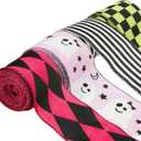 4 Roll Halloween Wired Ribbon 2.5x Total 20 Yards Pink Ghost Black White Stripes Hot Pink Lime Green Plaid Ribbons for Wreath Bows Gift Wrapping, Wreaths, Crafts(Halloween Set 1)
