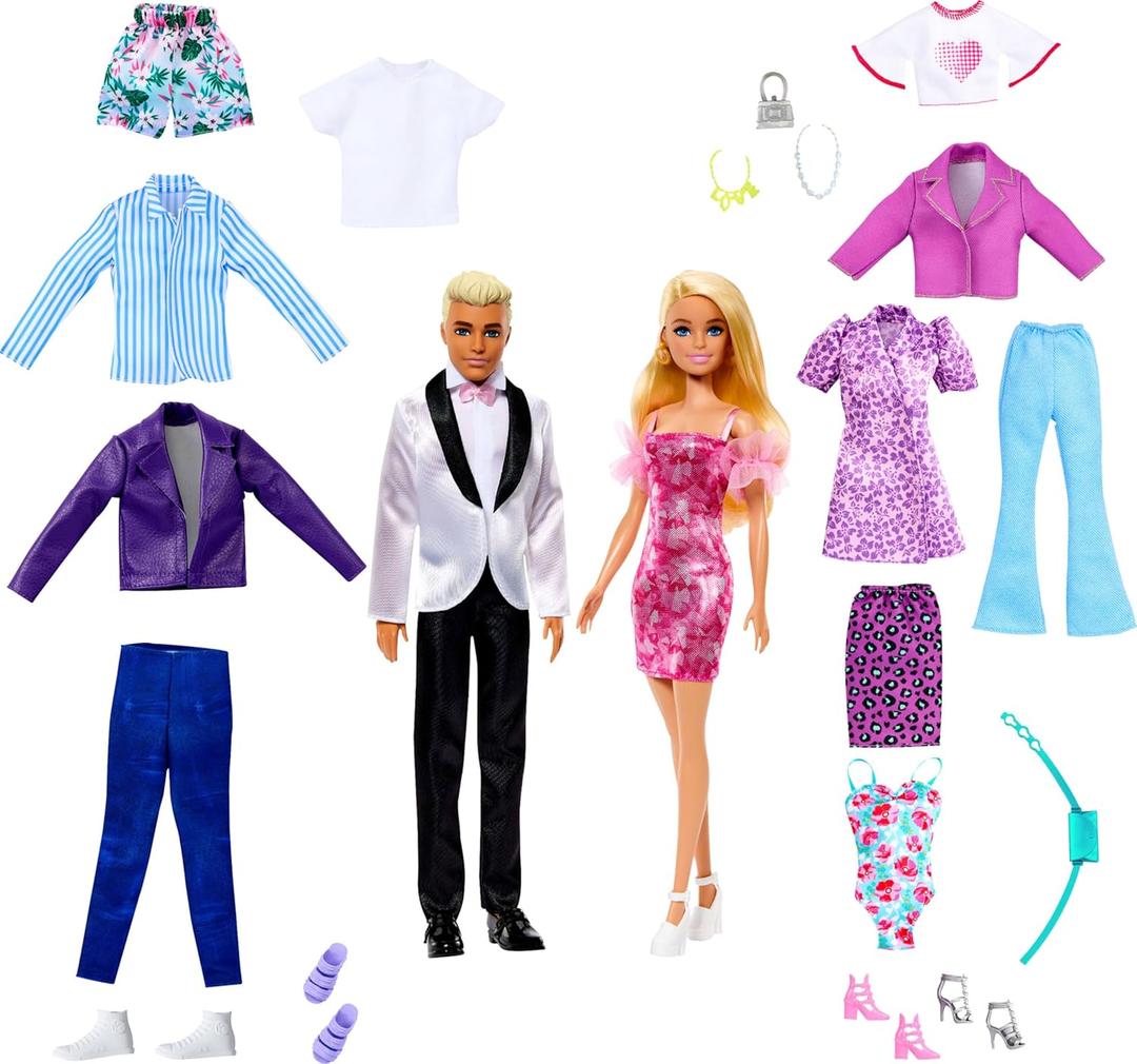 Barbie Doll and Ken Doll Fashion Set with Clothes and Accessories, Dresses, Tees, Pants, Swimsuits