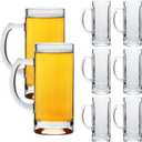 Glass Beer Mug Set of 8, Clear 16 OZ Glass Beer Mugs with Handle, Heavy Stein Mugs with Straw, Large Freezer Beer Drinking Glasses for Juice, Coffee, Tea