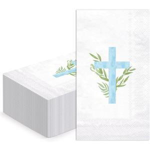 WRAPAHOLIC 50Pcs Cross Religious Paper Napkins - 3-Ply Religious Blue Cross Guest Disposable Hand Towels for Bathroom, Spring, Christening and Baby Shower - 4.3 x 7.9 In