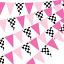 Gersoniel 5 Pcs Racing Car Party Decorations Pink Black Checkered Triangle Flags Pennant Banner Race Car Garland Streamers for Girls Race Themed Birthday Baby Shower Outdoor Party Supplies