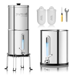 Purewell Upgraded 6-Stage 0.01m Ultra-Filtration Gravity Water Filter System with Water Level Window, 304 Stainless Steel Countertop System with 2 Filters and Stand, Reduce 99% Chlorine, 2.25G, PW-FH
