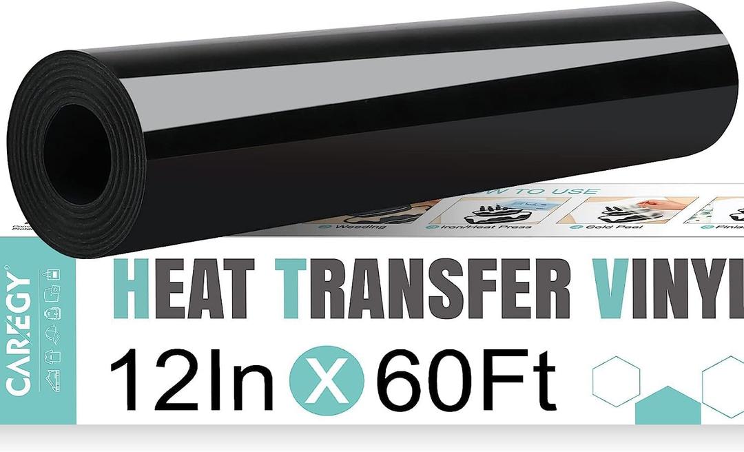 CAREGY Heat Transfer Vinyl Black Iron on Vinyl-12 x60Ft HTV Vinyl Roll Easy to Cut & Weed for Heat Vinyl Design