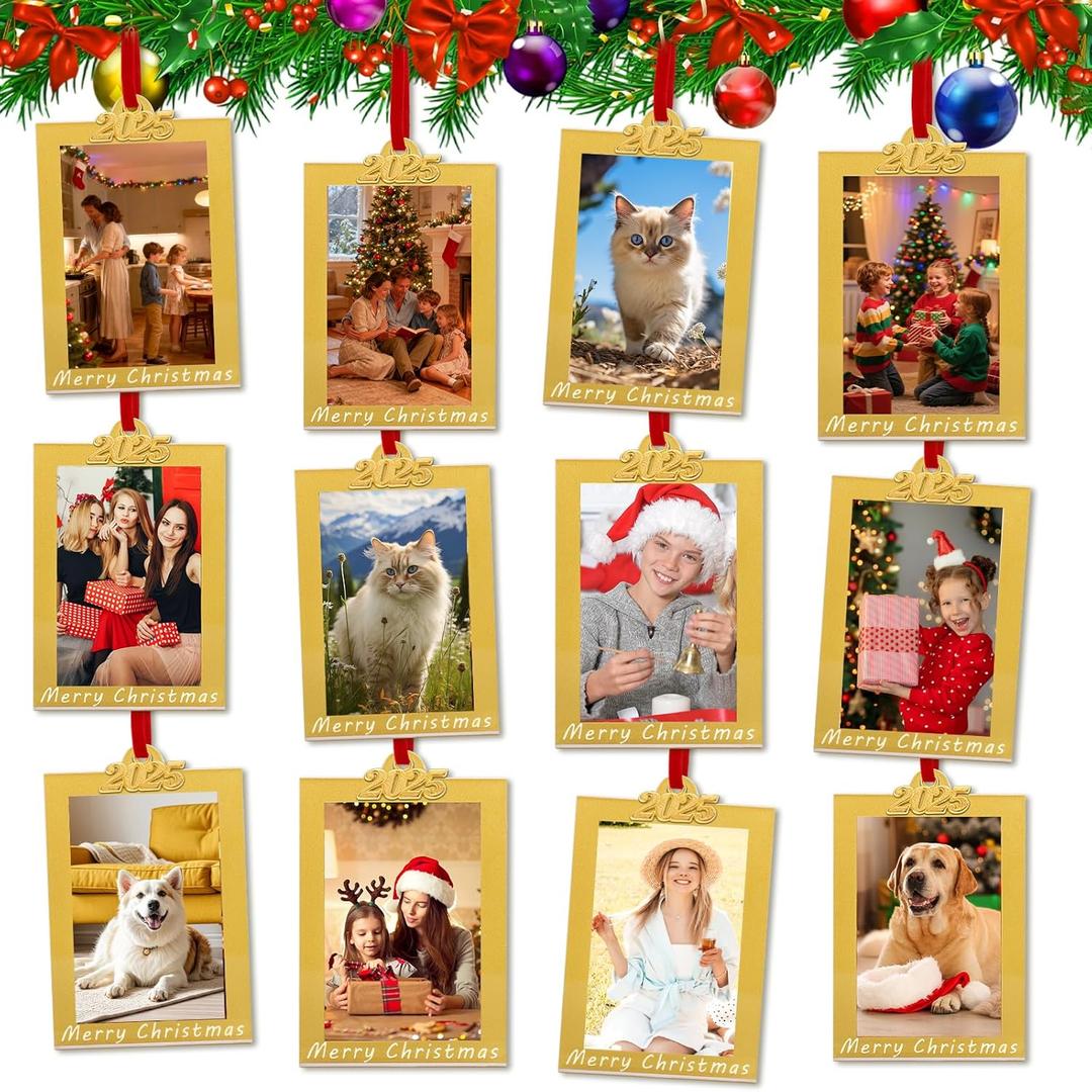 12 Pack Christmas Picture Frame Ornaments - 2x3 Inch Photo Frame Double-Sided Acrylic Hanging Photo Ornament with Red Satin Ribbon, Gold Picture Frame Ornaments for Tree, Holiday Party Home Decor