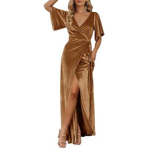MEROKEETY Women's V Neck Wrap Velvet Maxi Dress Bell Sleeve Split Bridesmaid Cocktail Party Dresses, Golden, X-Large