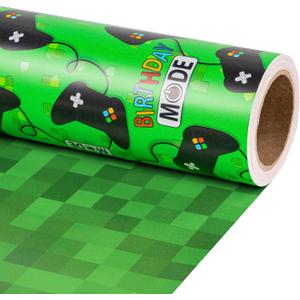 RUSPEPA 30" X 32.8' Reversible Birthday Gaming Wrapping Paper Large Paper Roll, Jumbo Roll, Green Game Controller and Pixel Design Gift Wrap for Kids, Boys, Game Lover, Birthday, Party, Holiday