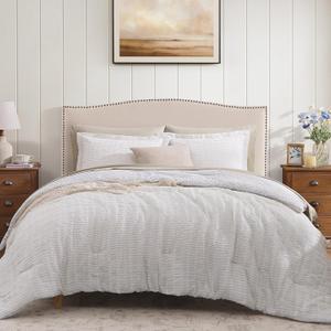 Queen Comforter Set - 7 Pieces Beige Gauze Muslin Bedding Sets for All Seasons, Lightweight Breathable Bed in a Bag Queen with Revesible Farmhouse Comforter, Sheets, Pillowcases & Shams