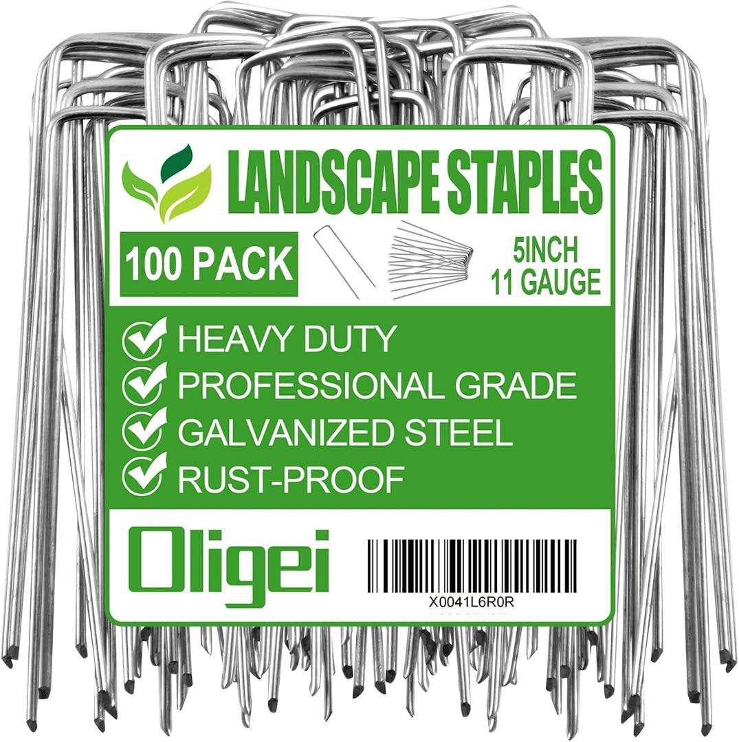 Oligei 100 Pack Garden Stakes, U-Shaped Tent Stakes, Galvanized Landscape Staples, Ground Stakes, for Landscaping Securing Weed Barrier Fabric, Irrigation Tubing, Holding Fence, Tarpaulin