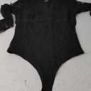 SAUNGKUAI Women's V Neck Lace Bodysuit Long Sleeve Bodysuits Double Lined Going Out Tops Y2K Trendy Thong Outfits (Medium, Black)