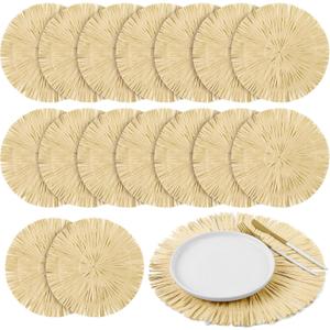 Fovths 16 Pcs Hawaii Luau Placemats Bulk 13 Inch Woven Boho Fringe Place Mats Round Straw Fringe Chargers Macrame Heat Resistant Grass Table Mat for Tropical Luau Party Hawaii Dining Table Decorations