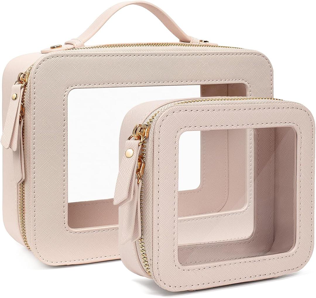 Travel Clear Makeup Bag Set, TSA Approved Cosmetic Bag Case with Zipper Portable Makeup Pouch Toiletry Bag Traveling Cosmetic Organizer Storage Bag Car Organizer Car Essentials (Mini + XL Luxe Beige) 2Pack