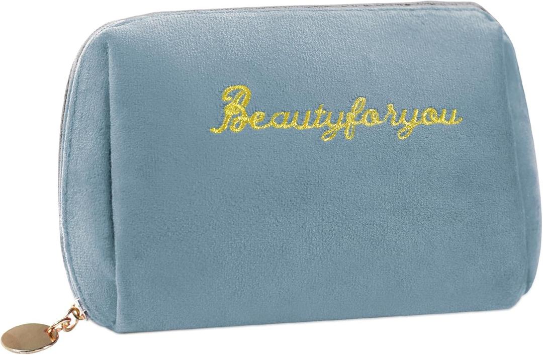 3 x Velvet Makeup Bag, Portable Zipper Make Up Pouch, Cute Small Cosmetic Bag, Flannel Toiletry Bag, Travel Storage Bag Gifts for Women Girls(Blue)