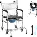 4-in-1 Rolling Bedside Commode Chair with Wheels for Seniors, Heavy Duty Shower Chair with Handles, Adjustable Height Raised Toilet Seat for Elderly and Disabled, Support 350 lbs (Black)